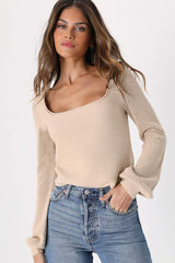 Best Essence Beige Knit Long Sleeve Sweater Top