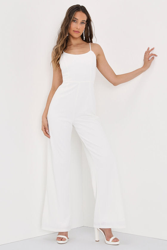 Stay Out Later White Backless Wide-Leg Jumpsuit