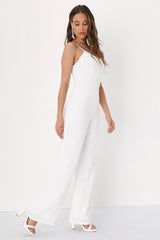 Stay Out Later White Backless Wide-Leg Jumpsuit