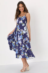Mykonos Mood Navy Blue Floral Print Tie-Strap Tiered Midi Dress