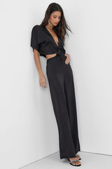Flirt For Fun Black Tie-Front Two-Piece Wide-Leg Jumpsuit