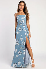 Feeling Elegant Slate Blue Floral Print Lace-Up Slit Maxi Dress