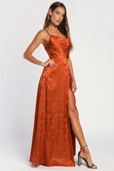 Simply Dreamy Rust Orange Satin Floral Jacquard Maxi Dress