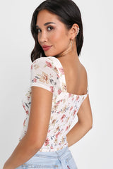 Sweeter Vibes Ivory Floral Mesh Short Sleeve Bustier Crop Top