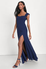 Magical Magnetism Navy Blue Off-the-Shoulder Maxi Dress