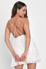 The Party's Tier White Organza Tiered Backless Mini Dress