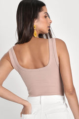 Stylish Perception Beige Ribbed Notched Tank Top