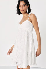 Angelic Admiration White Lace Tie-Shoulder Babydoll Mini Dress