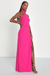 Keep It Interesting Hot Pink Asymmetrical Halter Maxi Dress