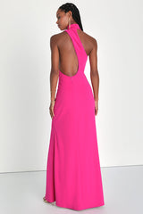 Keep It Interesting Hot Pink Asymmetrical Halter Maxi Dress