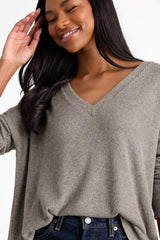 Just Vibing Olive Green Ribbed V-Neck Sweater Top