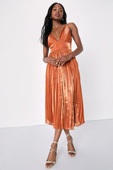 Romantic Aesthetic Shiny Rust Orange Pleated Midi Dress