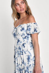 Delightfully Sweet White Floral Off-the-Shoulder Midi Dress