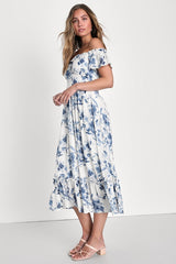 Delightfully Sweet White Floral Off-the-Shoulder Midi Dress