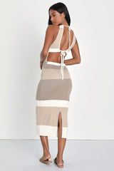 Chic Obsession Beige Striped Tie-Back Sleeveless Sweater Dress