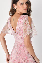 Dreamiest Desires Pink Floral Flutter Sleeve Maxi Dress
