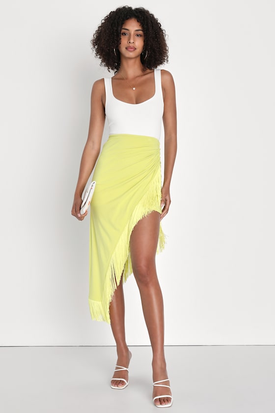 Festive Flirt Lime Green Ruched Fringe Midi Skirt