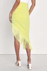 Festive Flirt Lime Green Ruched Fringe Midi Skirt