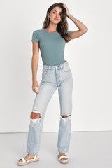 Essential Trend Sage Blue Pointelle Knit Short Sleeve Top