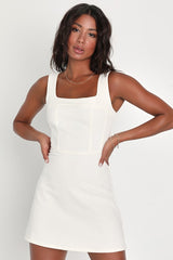 So Delighted Ivory Denim Corset Seam Mini Dress