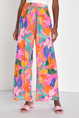 Spontaneous Sweetie Pink Multi Tropical Print Wide-Leg Pants