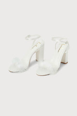 Fuller White Satin Feather Ankle Strap High Heel Sandals