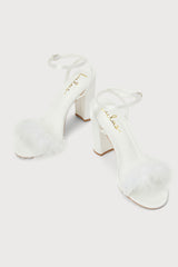 Fuller White Satin Feather Ankle Strap High Heel Sandals