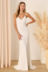 Cherished Vow White Beaded Backless Mermaid Maxi Dress