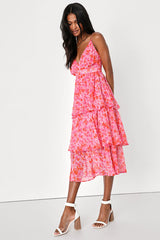 Adorable Obsession Pink Floral Print Lurex Tiered Midi Dress