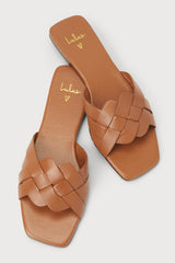 Nuneh Tan Leather Woven Slide Sandals