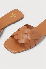 Nuneh Tan Leather Woven Slide Sandals