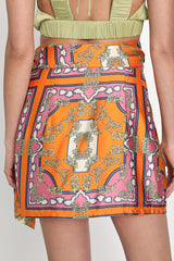 Luxe Essence Orange Baroque Print Satin Wrap Mini Skirt