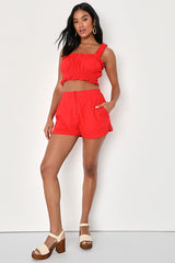 Hotter Temps Red Linen Ruffled Two-Piece Romper