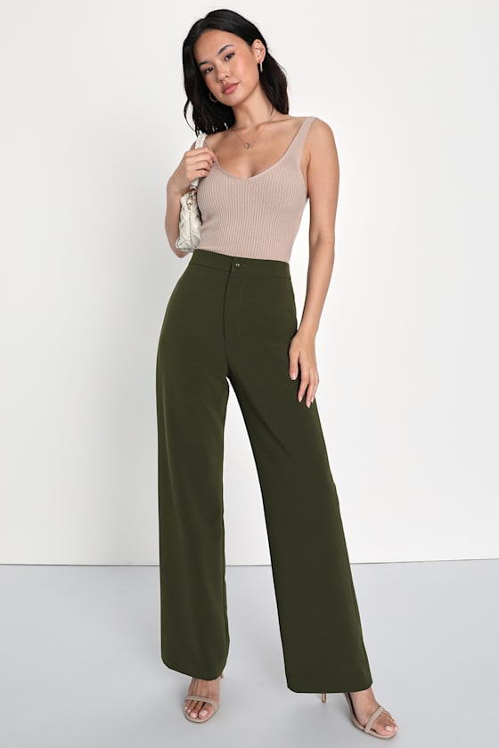 A Power Mood Olive Green High-Waisted Wide-Leg Trouser Pants