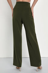 A Power Mood Olive Green High-Waisted Wide-Leg Trouser Pants