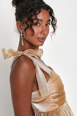 Radiant Arrival Shiny Gold Organza Tiered Tie-Strap Maxi Dress