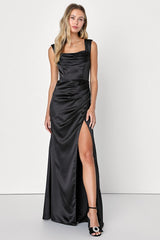 Stunning Arrival Black Satin Off-The-Shoulder Maxi Dress