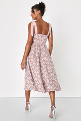 Bubbly Bliss Mauve Pink Jacquard Bustier Tie-Strap Midi Dress