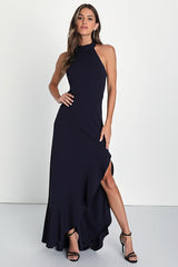 Majestic Perfection Navy Blue Ruffled Halter Maxi Dress