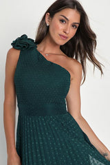 Special Charm Teal Pleated Swiss Dot One-Shoulder Midi Dress