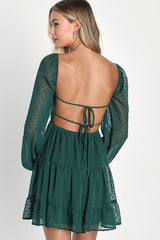Longing And Love Emerald Swiss Dot Puff Long Sleeve Mini Dress
