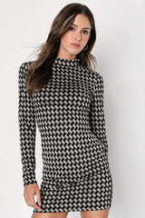 Cool Girl Status Black Print Mock Neck Long Sleeve Mini Dress