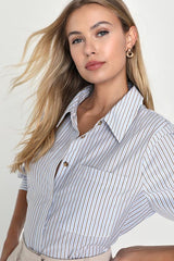 Refined Aesthetic Blue and White Striped Button-Up Top