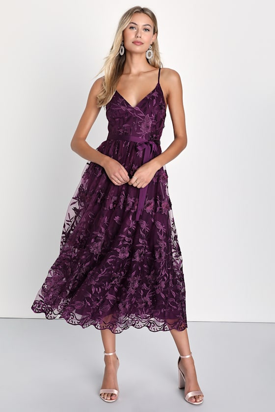Pure Poise Dark Purple 3D Embroidered Tulle Midi Dress