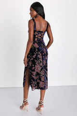 Romantic Stunner Navy Blue Floral Burnout Velvet Lace-Up Dress