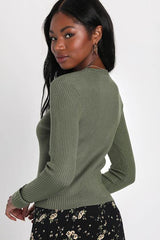 Karlee Olive Green Ribbed Knit Long Sleeve Sweater Top
