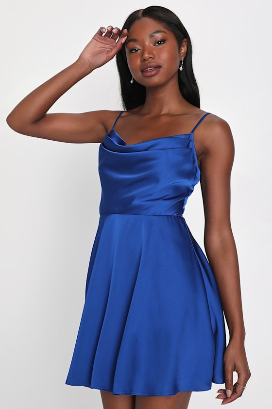 Fanciful Flirt Royal Blue Satin Cowl Neck Skater Mini Dress