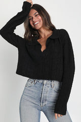 Plush Comfort Black Long Sleeve Collared Cropped Sweater Top