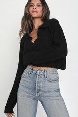 Plush Comfort Black Long Sleeve Collared Cropped Sweater Top