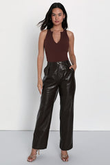 Trendy Endeavor Chocolate Brown Ribbed Notched Tank Top